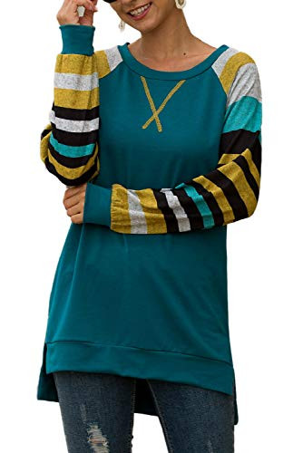 TIMEE Womens Color Block Long Sleeves Tunic Tops Crew Neck Casual Loose Blouses Cute Sweatshirts Green S