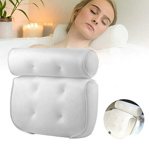 Nonslip Bath Pillow Soft 3D Mesh Spa Pillow Bath Pillow Bathtub Cushion with Air Mesh Technology and 4 Suction Cups for Neck Head Shoulder and Back Support Fits All Bathtub Hot Tub Jacuzzi