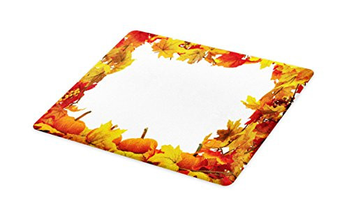 Lunarable Thanksgiving Cutting Board, Dry Autumn Leaves and Ripe Pumpkins Seasonal Frame on White Backdrop, Decorative Tempered Glass Cutting and Serving Board, Small Size, Orange Yellow White