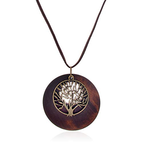 HUNO Tree of Life Pendant Necklace Long Leather Chain Statement Wooden Necklace for Women Girls Vintage Wood Jewelry
