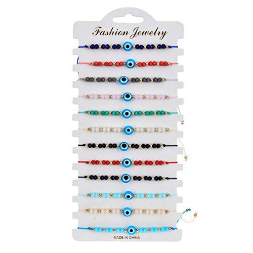 12 Pcs Colorful Evil Eye Beaded Bracelets Handmade Braided String Good Luck Nazar Amulet Bangle Lucky Turkish Religious Symbol JewelryLight Blue