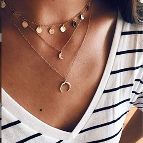 Casdre Boho Layered Necklace Chain Gold Moon Beach Pendant Necklace Sequins Necklace Jewelry for Women and Girls