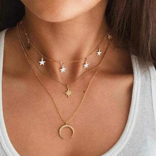 Casdre Boho Layered Crystal Necklace Chain Gold Beaded Pendant Necklace Moon Star Necklace Jewelry Adjustable Chain for Women and Girls