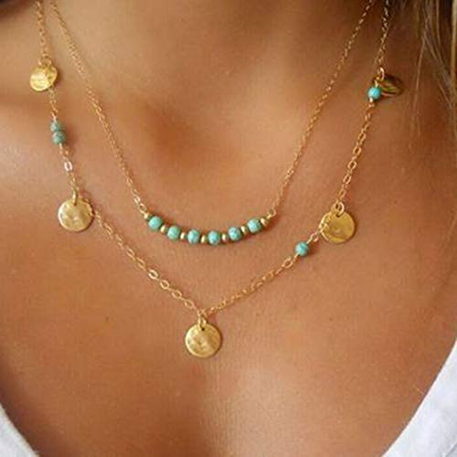 Casdre Boho Layered Necklace Turquoise Pendant Necklace Sequins Necklaces Adjustable Chain Beach Jewelry for Women and Girls