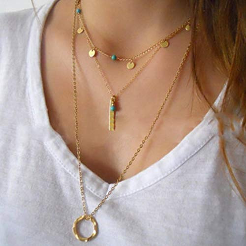 Casdre Boho Layered Necklace Sequins Necklaces Turquoise Pendant Ring Drop Necklace Adjustable Chain Beach Jewelry for Women and Girls