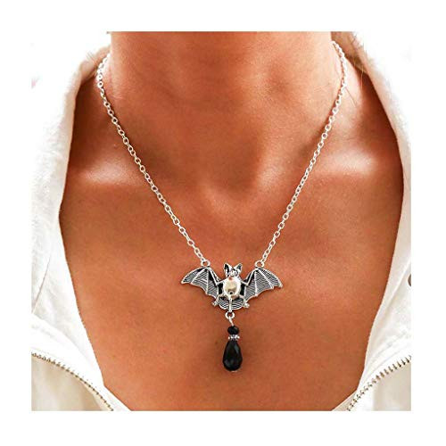 Yalice Gothic Bat Pendant Necklace Chain Black Rhinestone Necklaces Halloween Necklace Jewelry for Women and Girls Silver