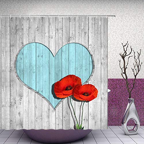 Feierman Red Poppy Shower Curtain Vintage Gray Heart Shaped Wooden Board Bathroom Curtain Fabric Waterproof Polyester with Hooks