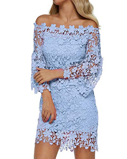 Auxo Women Off Shoulder Floral Lace Dress Vintage Crochet Bodycon Flared Sleeve Midi Party Cocktail Dressess Blue M