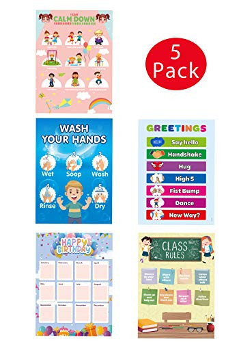 Dosmaxx 5 Large Preschool Classroom Posters  Extra Large Educational Wall Posters  Preschool Classroom Supplies with Greetings Poster Anger Management Wash Hand Birthday Date and Class Rule