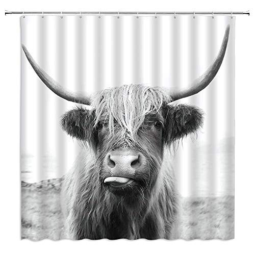 Highland Cow Shower Curtain Western Farm Animal Longhorn Rustic Farmhouse Grey Bathroom Decor Fabric Curtain with 12 Hooks?70x70 Inch?Gray