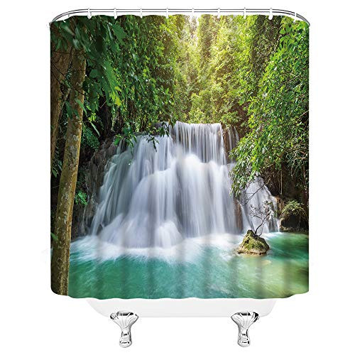 AMHNF Waterfall Shower Curtain Green Topical Forest Waterfall Lake Nature Season Scenery Home Bathroom Decor Quick Dry Fabric Curtain with 12 Hooks?70x70 Inch?White Teal