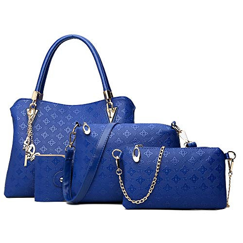 Womens Pu Leather Tote Purse and Handbags Set Satchel Shoulder Crossbody Bag 4pcs Clutch Wallets for Ladies Blue