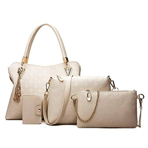 Womens Pu Leather Tote Purse and Handbags Set Satchel Shoulder Crossbody Bag 4pcs Clutch Wallets for Ladies White