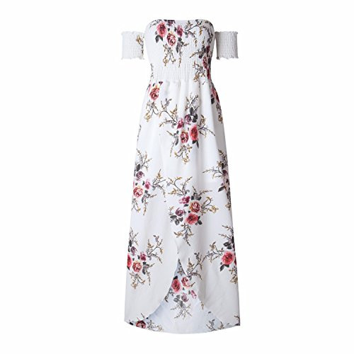 Womens Boho Style Off Shoulder Chiffon Long Dress Summer Beach Floral Print Split Party Maxi Dress Long Dresses White