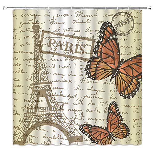 WZFashion Vintage Eiffel Tower Shower Curtain Butterfly Paris European City Landscape France Eiffel Tower Vintage Art Flower Polyester Fabric Bathroom Curtains Set with Hook