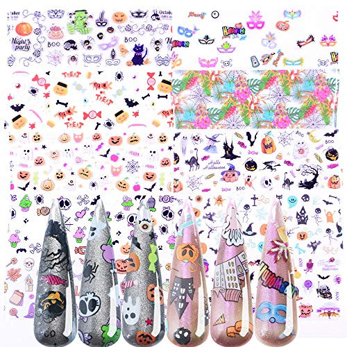 Halloween Nail Foil Transfers Stickers Day of the Dead Nail Foils Pumpkin Spider Skull Ghost Witch Nail Decals for Halloween Party Supplies Manicure Tips Wraps Nail Art Decoration Designs10 Rolls