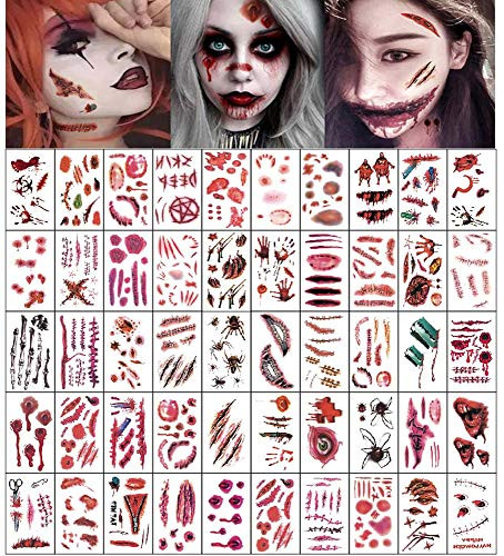 Halloween Makeup Body Scar Tattoo Temporary Stickers Fake Wounds Temporary Tattoo Scar Stickers for Halloween Party Zombies Cosplay 50 Sheets Over 370Wound Tattoos Total