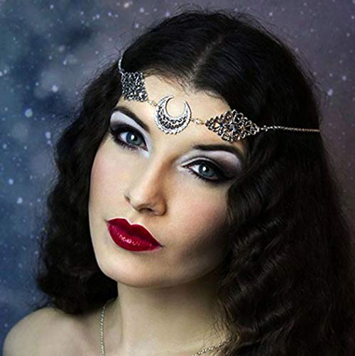 Fdesigner Boho Moon Head Chain Totem Pendant Hair Jewelry Headpiece Wedding Hair Accessories for Women and Girls Silver ?