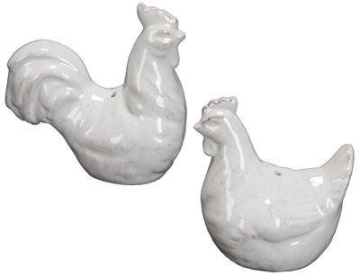 Ceramic White Chicken and Rooster Salt & Pepper Shaker Set
