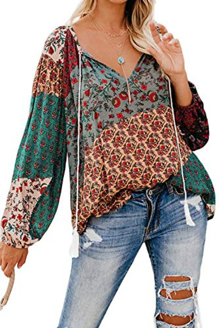 Women Casual Long Sleeve V Neck Floral Print Loose Boho Blouses Tops Shirt Multicolor L Women Casual Long Sleeve V Neck Floral Print Loose Boho Blouses Tops Shirt Multicolor L