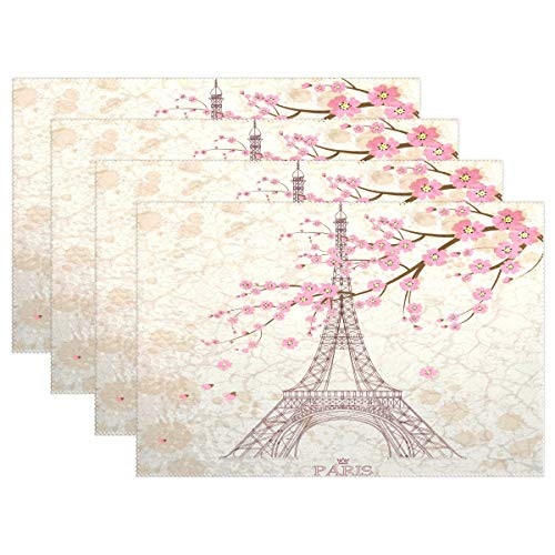 JOKERR Place Mats Sets of 4 Paris Eiffel Tower Plum Blossom Placemats Table Mats Non Slip Washable Heat Resistant for Kitchen