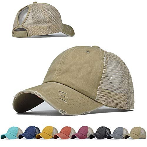 Vintage Ponytail Top Hats for Women Baseball Caps High Messy Bun Hat Ponycaps Adjustable Baseball Cap Mesh Back Trucker Hat Beige
