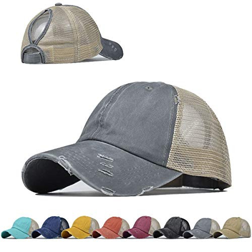 Vintage Ponytail Top Hats for Women Baseball Caps High Messy Bun Hat Ponycaps Adjustable Baseball Cap Mesh Back Trucker Hat Gray