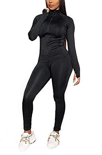 Women 2 Piece Outfits Tracksuit Jumpsuits Long Sleeve Zipper Drawstring Sweatshirt Jacket and Bodycon Long Pants Set Sports Sweatsuits Jogging Suits Clubwear Black Small