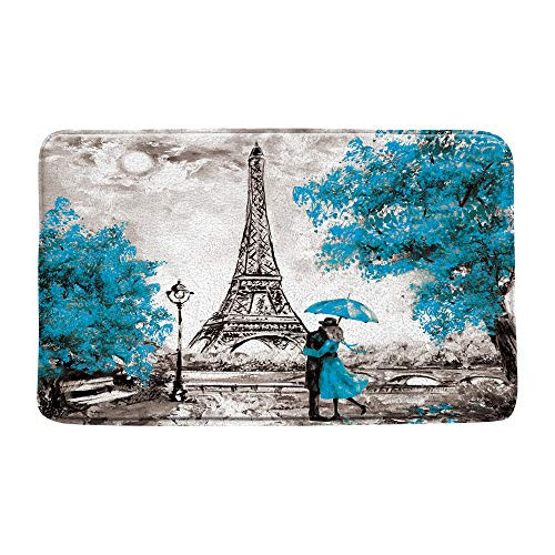 XZMAN Paris Eiffel Tower Bath MatOil Painting Romantic Couple European City Landscape Blue Tree Art Black Bathroom Rug DecorBedroom Kitchen Toilet RugSoft Memory Foam Non Slip Backing20x31 Inch