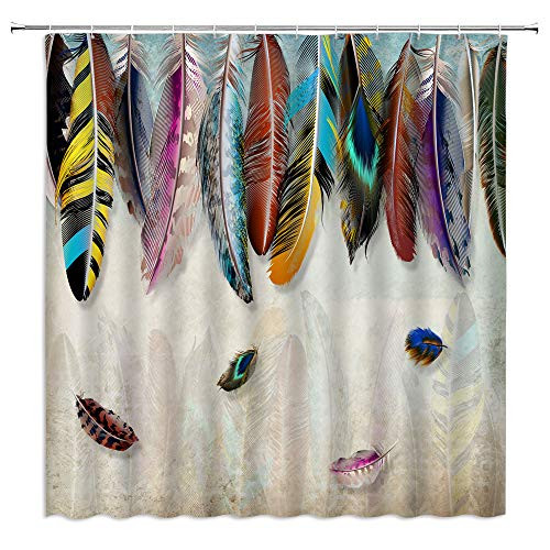 BST Colorful Feather Shower Curtain Animal Feather Bohemian Style Vintage Skin Element Print Bathroom Curtains Decor Polyester Fabric Quick Drying 70X70 Inches Include Hooks