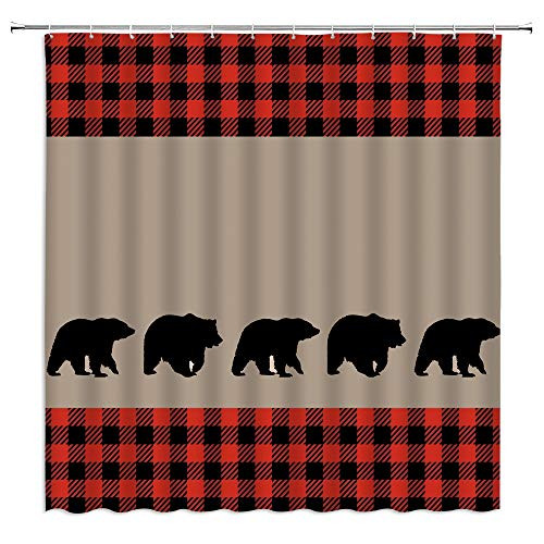 LIVEFUN Black Bear Plaid Shower Curtain Woodland Camping Cabin Wildlife Bear Silhouettes Red Black Buffalo Check Vintage Farm Rustic Fabric Bathroom Decor Curtain with 12 Hooks?71x71 Inch?Black Tan