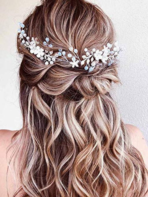Unsutuo Flower Wedding Headband Accessories for Brides Silver Hair Vine Opal Crystals Bridal Headpiece Pearl for Women Unsutuo Flower Wedding Headband Accessories for Brides Silver Hair Vine Opal Crystals Bridal Headpiece Pearl for Women