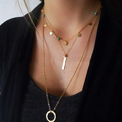 Gortin Boho Layered Necklace Gold Circle Ring and Bar Pendant Chain Turquoise Sequins Necklaces Jewelry for Women and Girls Gortin Boho Layered Necklace Gold Circle Ring and Bar Pendant Chain Turquoise Sequins Necklaces Jewelry for Women and Girls