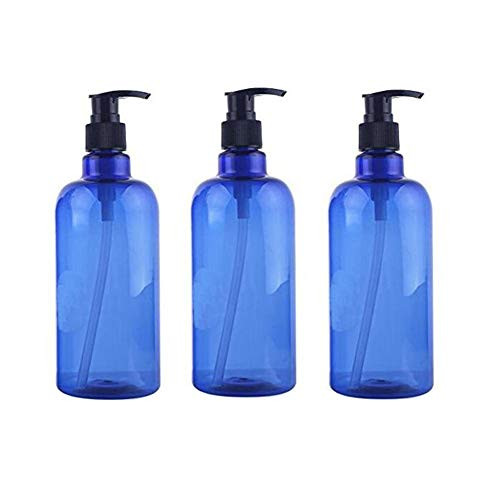 3PCS 500ml17oz Blue Empty Plastic Press Pump Bottles Dispenser Refillable Shampoo Container Storage Pot Jar Vilas Holder with Random Pump for Shower Gel Lotion Toiletries