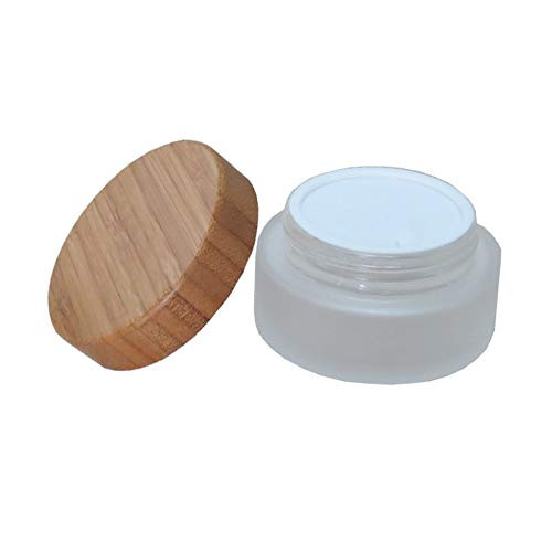 1PCS 50g17oz Refillable Empty Clear Frosted Glass Bottle with Nature Bamboo Lid and Inner Liner Travel Makeup Storage Container Vial Pot Jars Great for Face Cream Facial Cover ScrubAs Photo