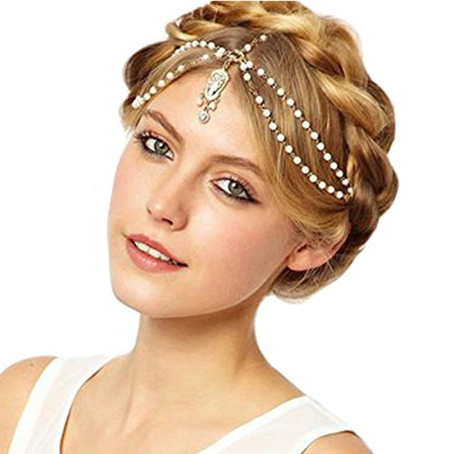 Aukmla White Indian Chain Hair Jewelry Boho Festival Egyptian Head Chain Pendant Headpiece Beads Gold bridal Hairstyle Pearls Christmas for Women and Girls Aukmla White Indian Chain Hair Jewelry Boho Festival Egyptian Head Chain Pendant Headpiece Beads Gold bridal Hairstyle Pearls Christmas for Women and Girls