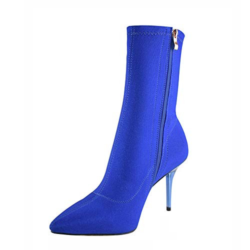 vivianly Stretch Pointed Toe Sock Booties MidCalf Ankle Boot Stiletto Heel Boots for Women Blue