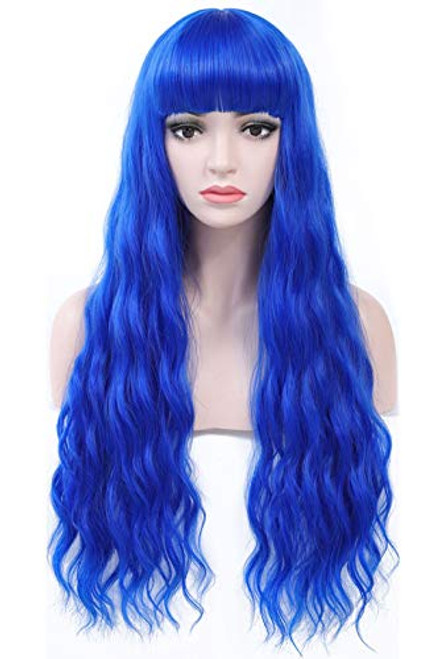 COSYMAY Synthetic Blue Wig with Bangs Wavy Curly 26 inch Long Cosplay Women Wig Heat Resistant Costume Wig Halloween Party Full Wig Glueless