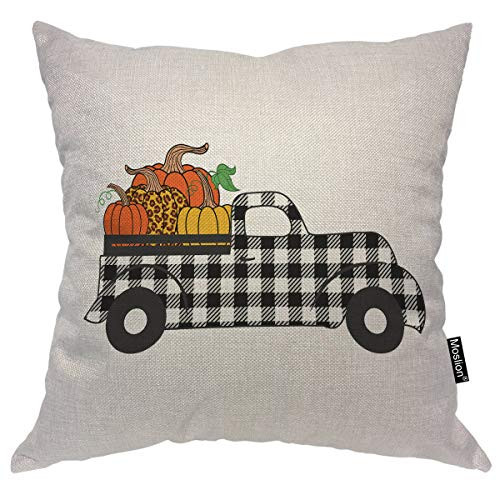 Moslion Fall Farmhouse Pumpkin Throw Pillow Covers Autumn Harvest Buffalo Plaid Check Truck Cool Design Throw Pillow Cases for Home Decor Halloween Thanksgiving Cushion Cover Cotton Linen 18x18 inch