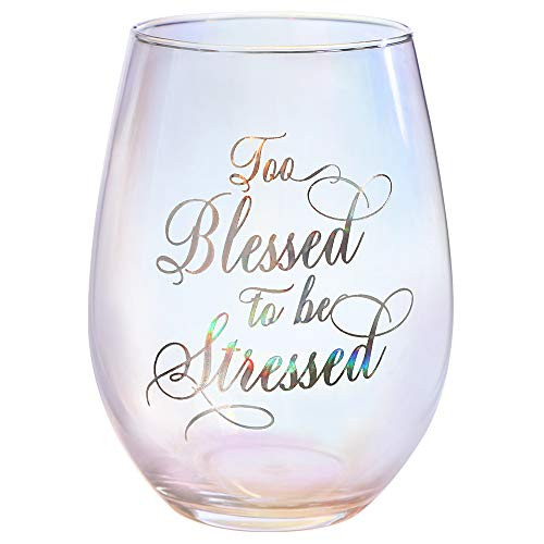 Too Blessed To Be Stressed Lavender 20 ounce Glass Stemless Wine Glass