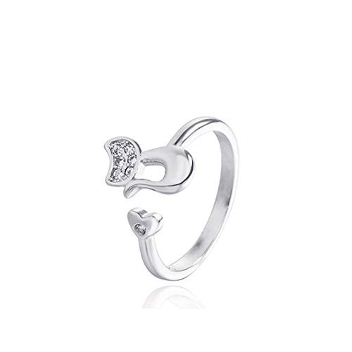 Tafeily Cat 925 Sterling Silver Open Ring Zircon Statement Ring Animal Finger Jewelry for Women and Girls Love Adjustable Rings Silver