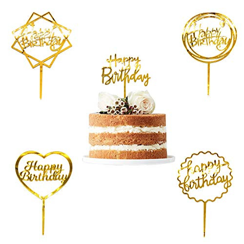 Happy Birthday Cake Topper Acrylic Gold Cake Topper for Birthday Cake Decoration 5pcs