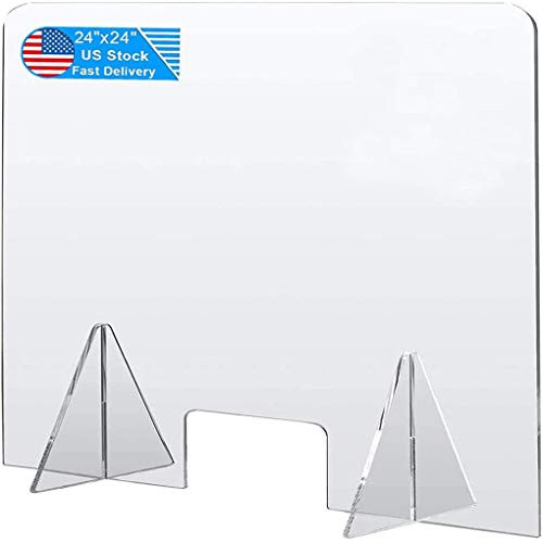 Protective Sneeze Guard for Counter and Desk Freestanding Clear Acrylic Shield for Business and Customer Safety Portable Plexiglass Barrier Food Screen Pass Through Transaction Window 24X24