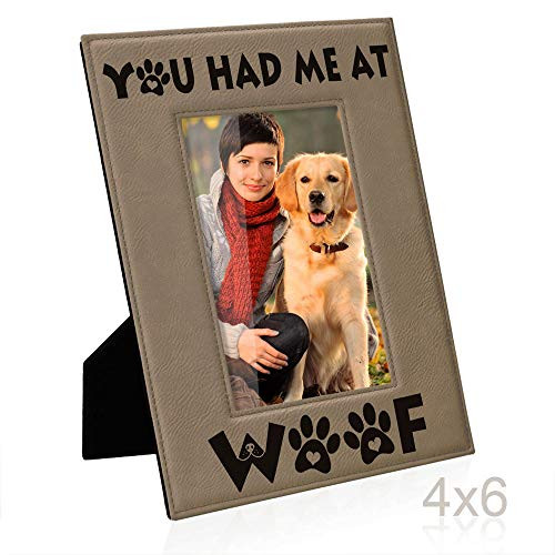 Kate Posh - You had me at WOOF Engraved Leather Picture Frame - Dog Lover Gifts, Birthday Gifts, Pet Memorial Gifts, New Puppy Gifts, Paws and Bones Decor (4x6-Vertical)
