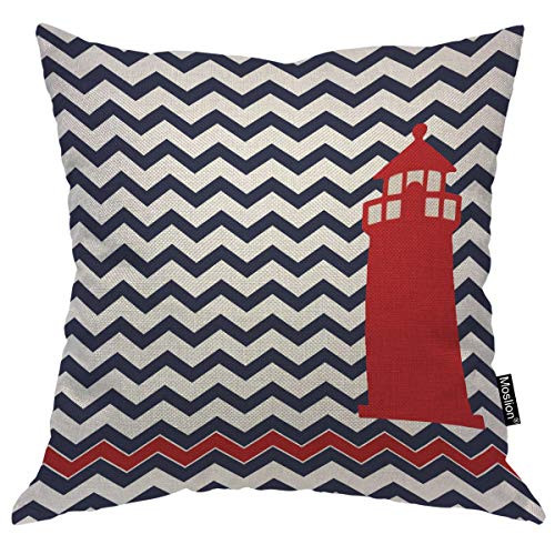 Moslion Throw Pillow Cover Lighthouse 18x18 Inch Nautical Red Chevron Blue Wave Fashion Square Pillow Case Cushion Cover for Home Car Decorative Cotton Linen Moslion Throw Pillow Cover Lighthouse 18x18 Inch Nautical Red Chevron Blue Wave Fashion Square Pillow Case Cushion Cover for Home Car Decorative Cotton Linen