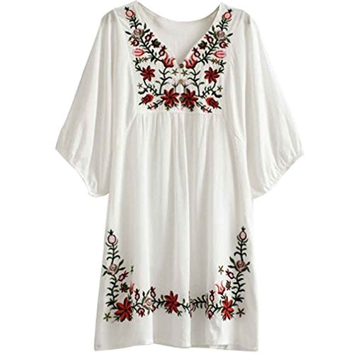 Kafeimali Summer Dress V Neck Mexican Embroidered Peasant Womens Dressy Tops Blouses White