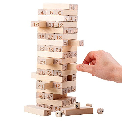 QZM Wooden Stacking Board Games Timber Tower Classic Best Family Fun Educational Games for Kids Gifts Ideas Number Match 54 Pieces