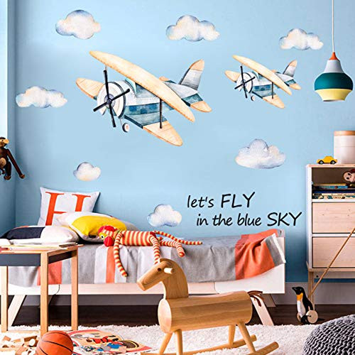 Dosminer Cartoon Airplane Wall Decals Watercolor Aircrafts Theme Boys Kids Room Wall Stickers Removable Vinyl DIY Wall Art Decor for Nursery Decorations