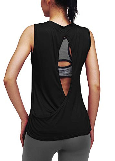 Mippo Yoga Tops for Women Cute Workout Tennis Shirts Open Back Running Athletic Tank Tops Loose Fit Muscle Tank Sleeveless Gym Tops Exercise Summer Workout Clothes for Women Black L