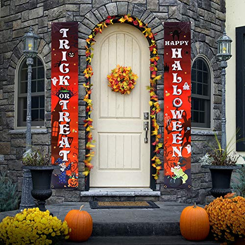 Welltop Halloween Banners Trick or Treat Banner Halloween Front Door Banner Decorations Hanging Porch Sign for Door Wall Hollloween Party Decor